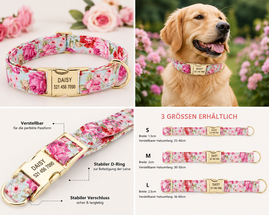 Personalisiertes Hundehalsband mit Blumenmuster – Graviertes Nylon-Halsband für kleine, mittlere & große Hunde