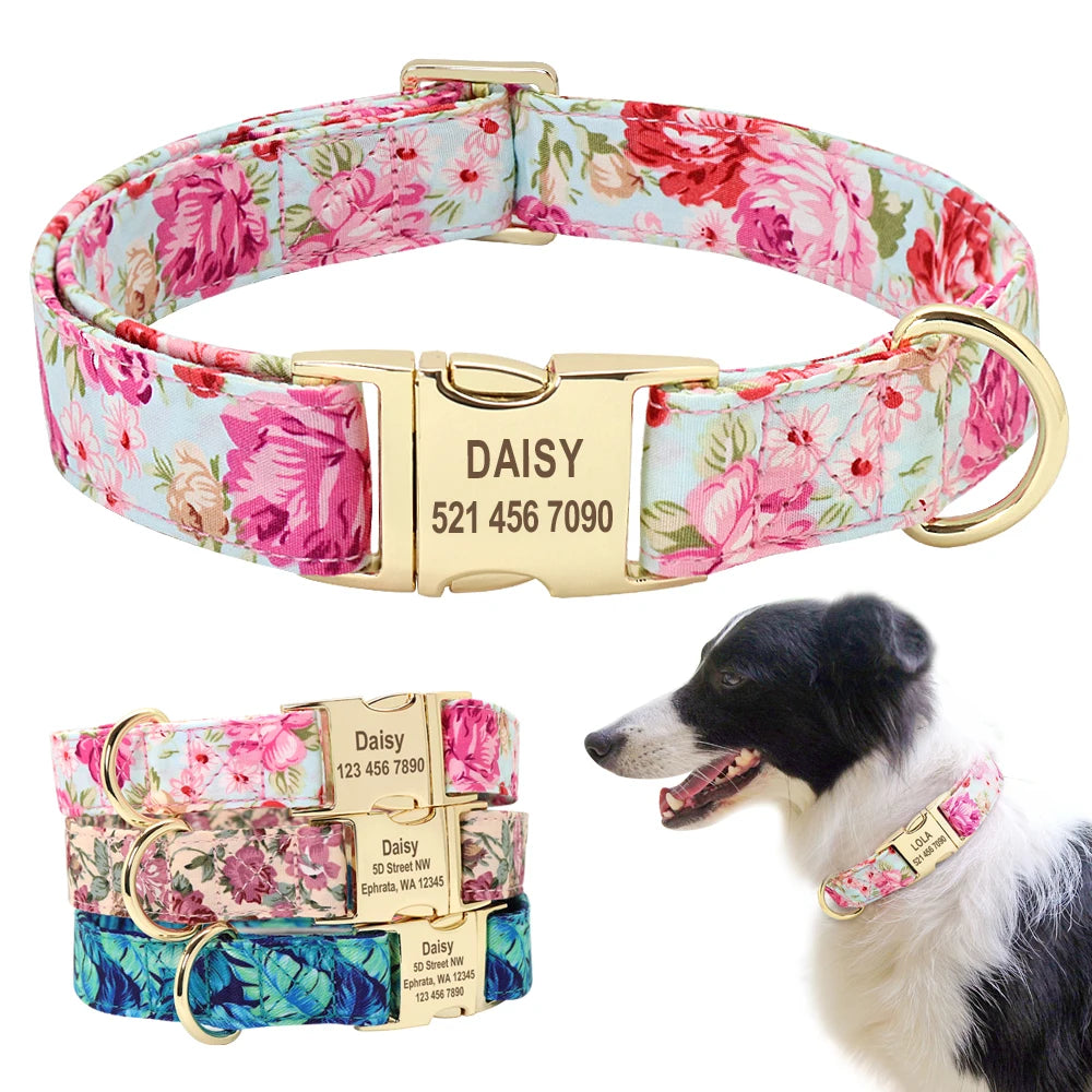Personalisiertes Hundehalsband mit Blumenmuster – Graviertes Nylon-Halsband für kleine, mittlere & große Hunde