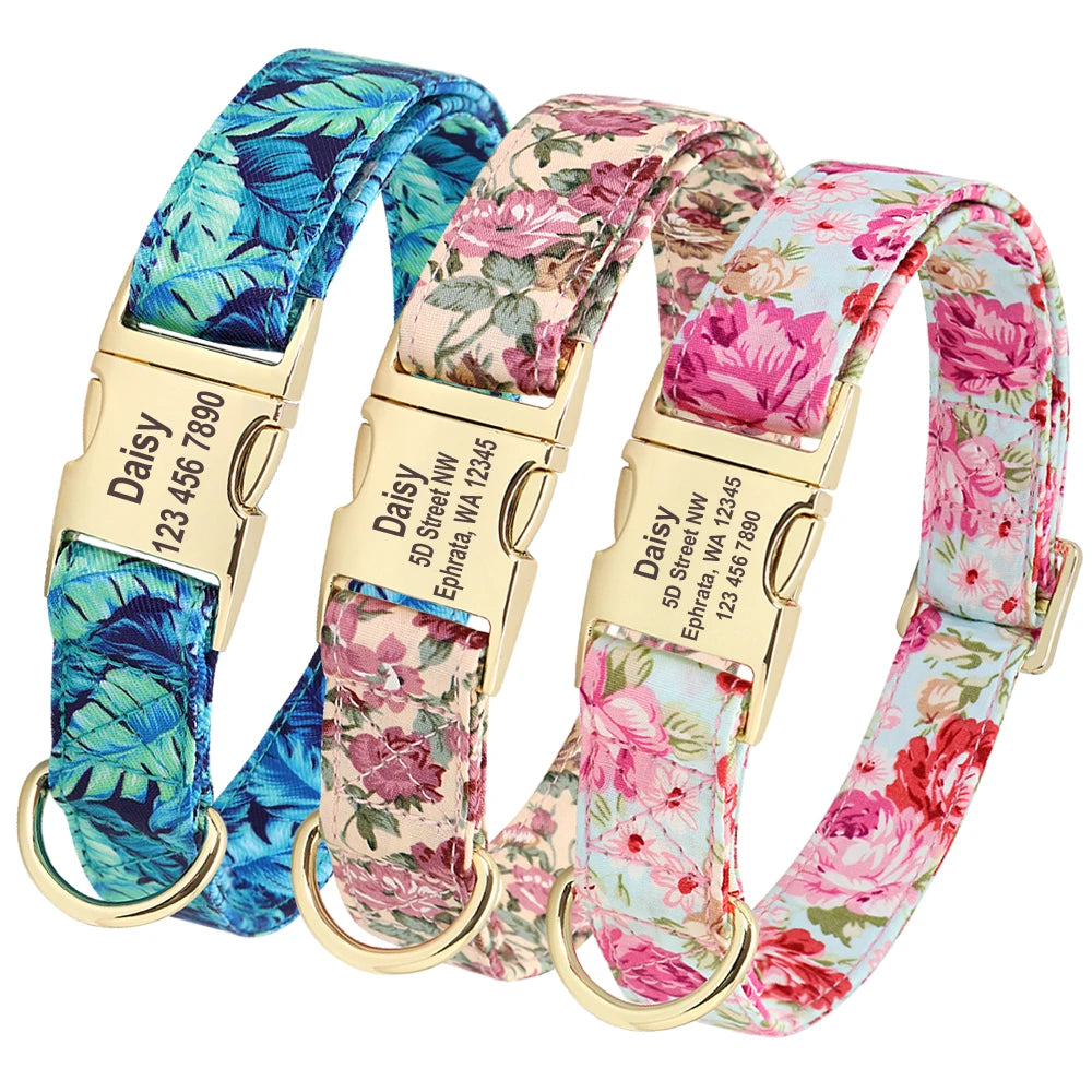 Personalisiertes Hundehalsband mit Blumenmuster – Graviertes Nylon-Halsband für kleine, mittlere & große Hunde