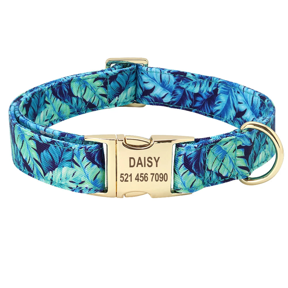 Personalisiertes Hundehalsband mit Blumenmuster – Graviertes Nylon-Halsband für kleine, mittlere & große Hunde