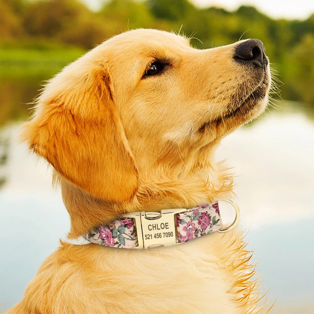 Personalisiertes Hundehalsband mit Blumenmuster – Graviertes Nylon-Halsband für kleine, mittlere & große Hunde