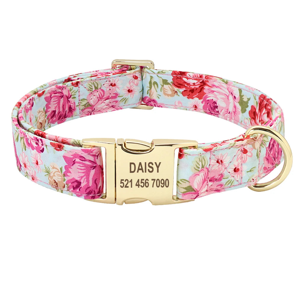 Personalisiertes Hundehalsband mit Blumenmuster – Graviertes Nylon-Halsband für kleine, mittlere & große Hunde