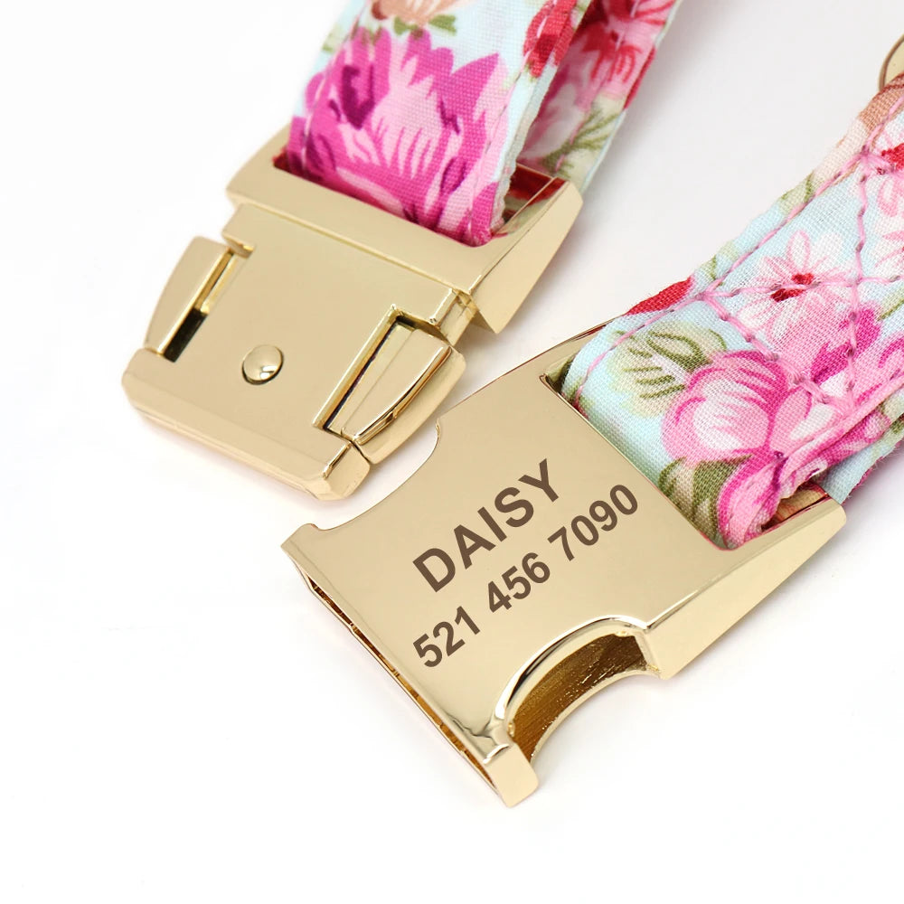 Personalisiertes Hundehalsband mit Blumenmuster – Graviertes Nylon-Halsband für kleine, mittlere & große Hunde