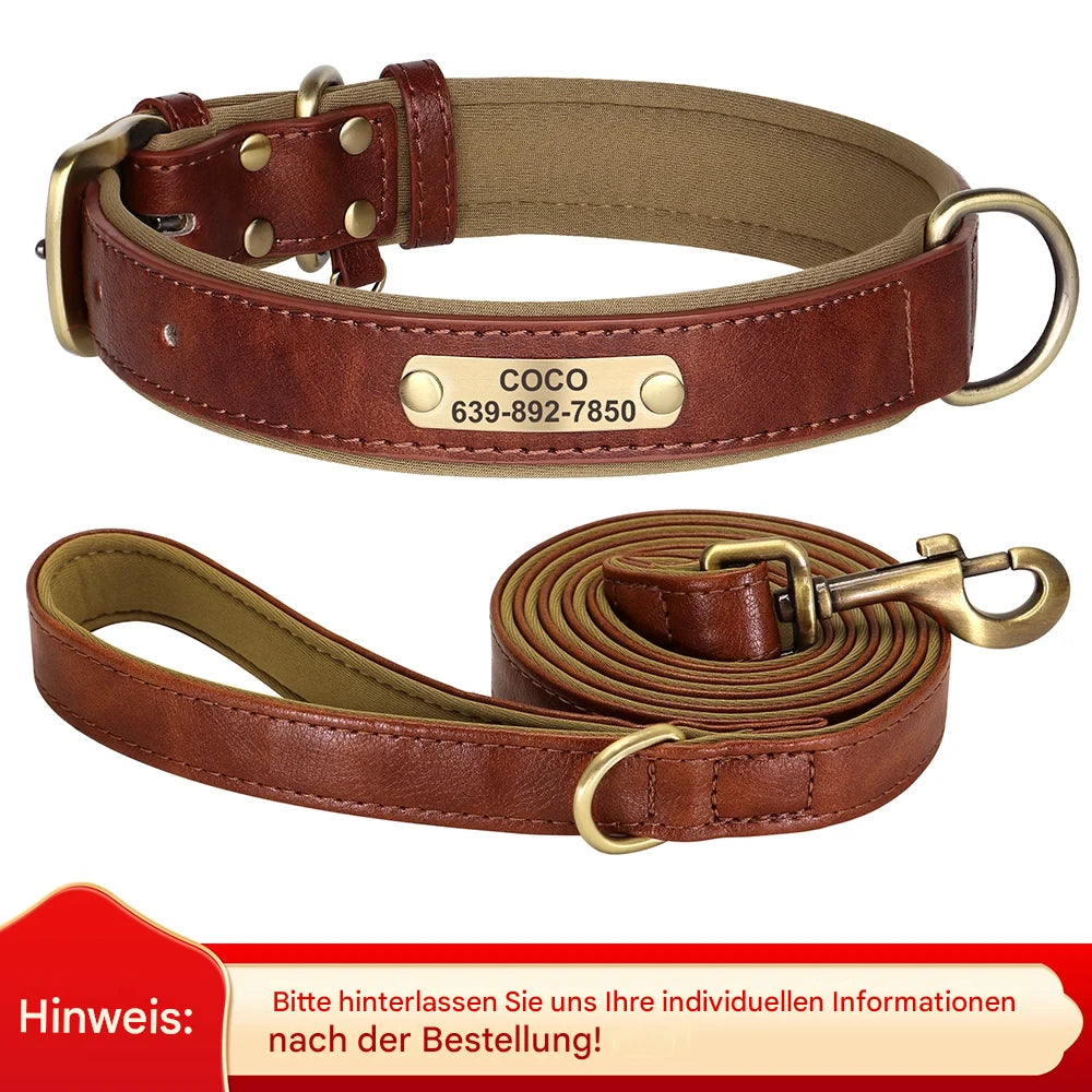 Personalisiertes Hundehalsband mit Leine aus PU-Leder – Gepolstert mit Namensschild für kleine bis große Hunde
