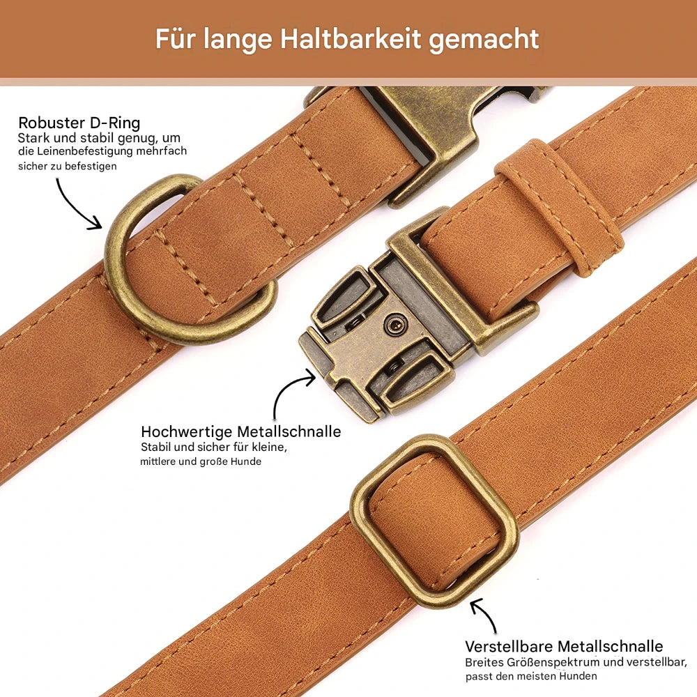 Personalisiertes Hundehalsband Set aus PU-Leder – Halsband, Leine & Kotbeutelhalter im Vintage-Look