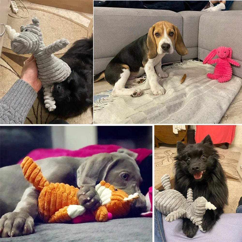 Plüsch Hundespielzeug mit Quietscher – Tiermotiv aus Cord für kleine & große Hunde