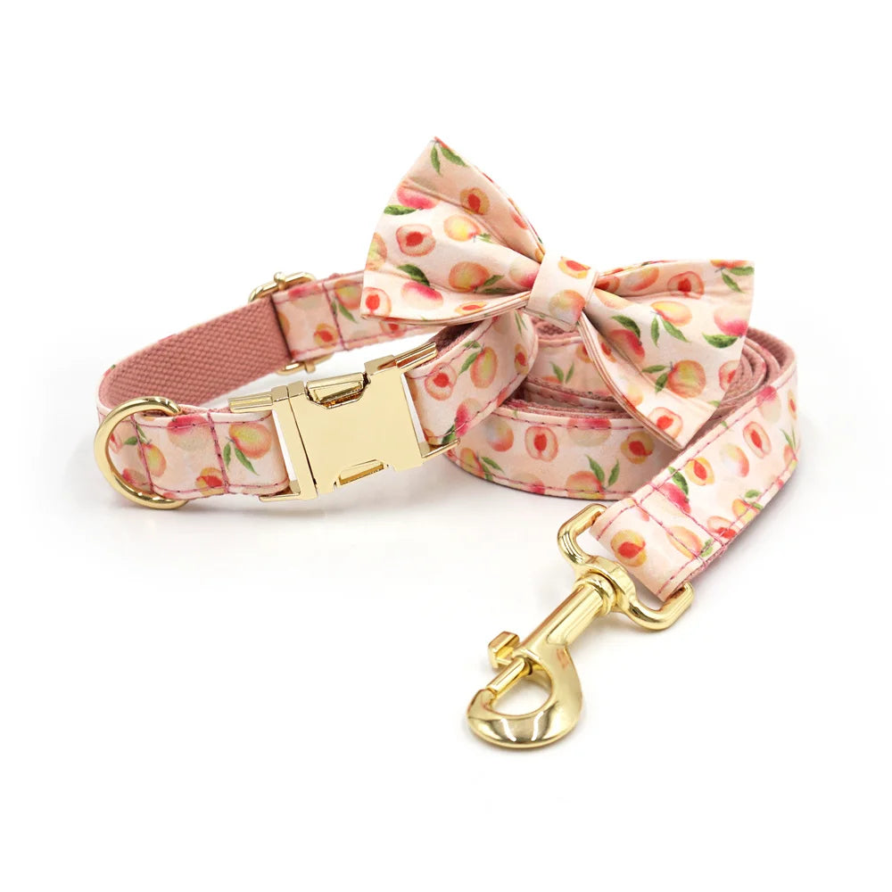 Hundehalsband „Honey Peach“ personalisiert – Luxus Set mit Schleife, Leine & Kotbeutelspender für Hunde & Katzen
