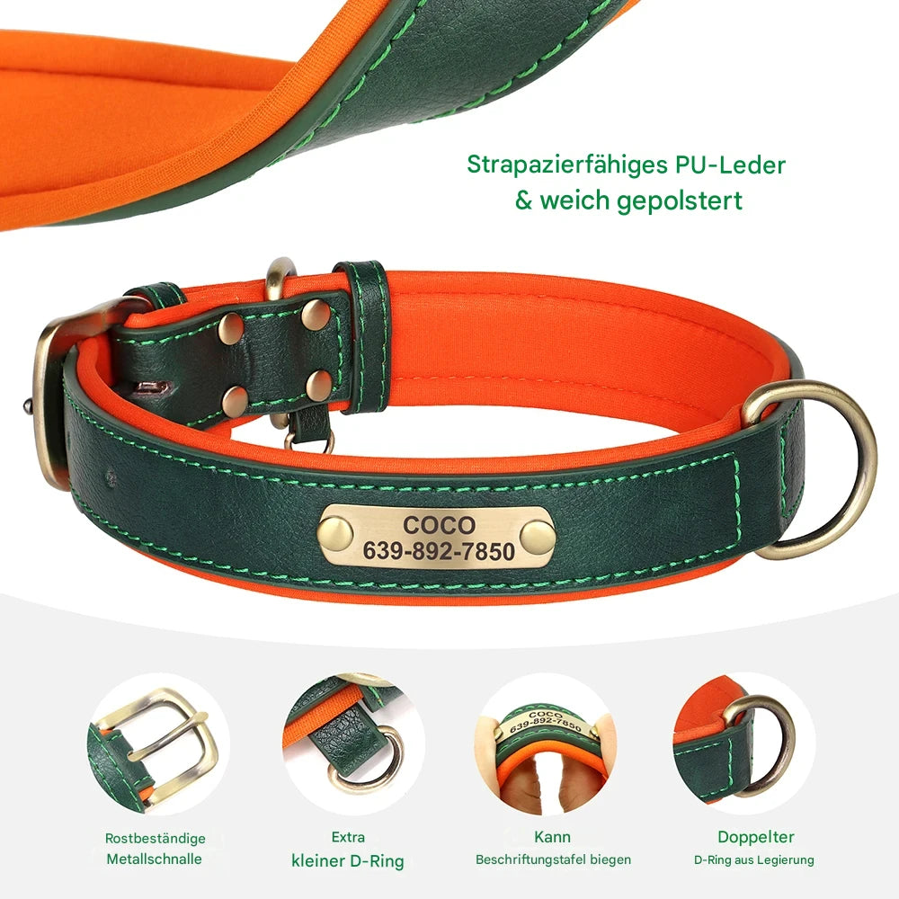 Personalisiertes Hundehalsband mit Leine aus PU-Leder – Gepolstert mit Namensschild für kleine bis große Hunde