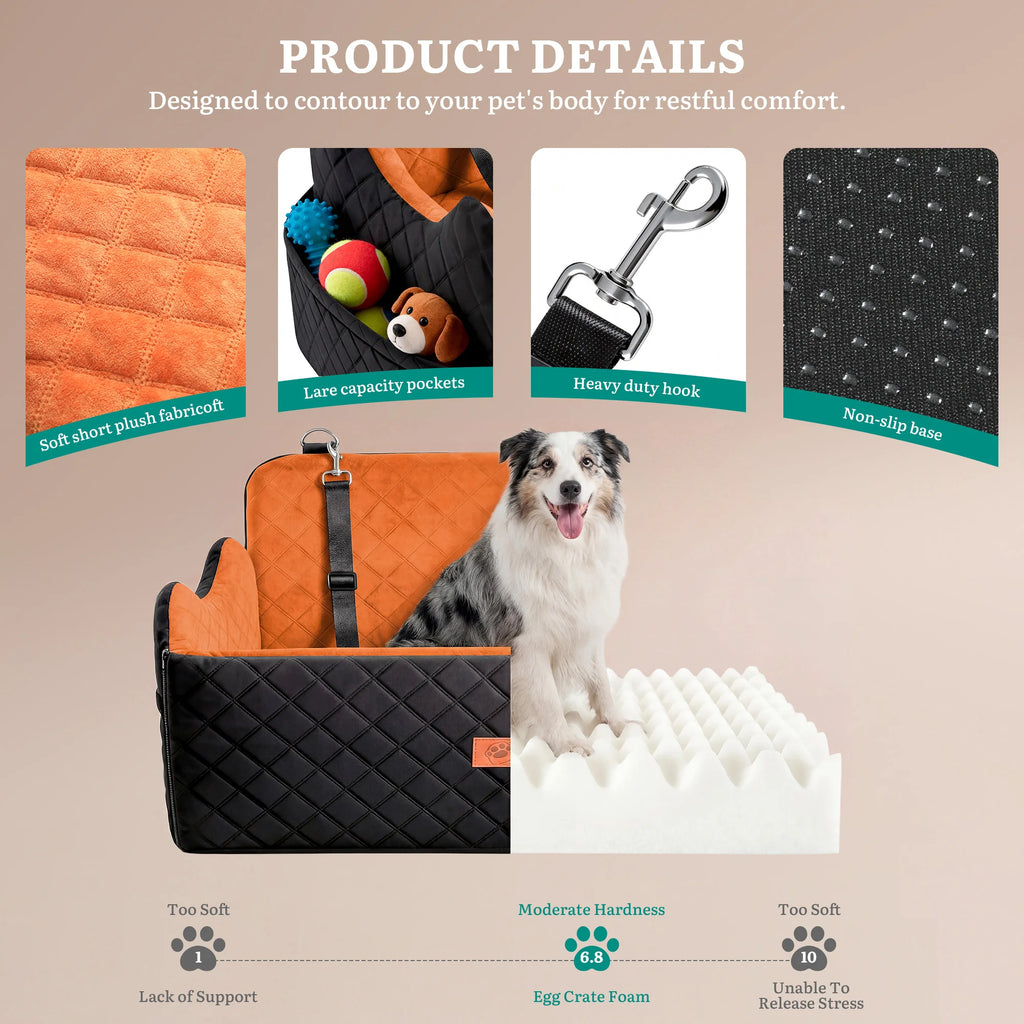 Hunde-Autositz mit Memory Foam – Rutschfestes Hundebett mit Stauraum & Sicherheitsgurt für mittelgrosse & grosse Hunde bis 25 kg