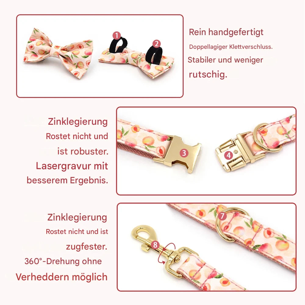 Hundehalsband „Honey Peach“ personalisiert – Luxus Set mit Schleife, Leine & Kotbeutelspender für Hunde & Katzen
