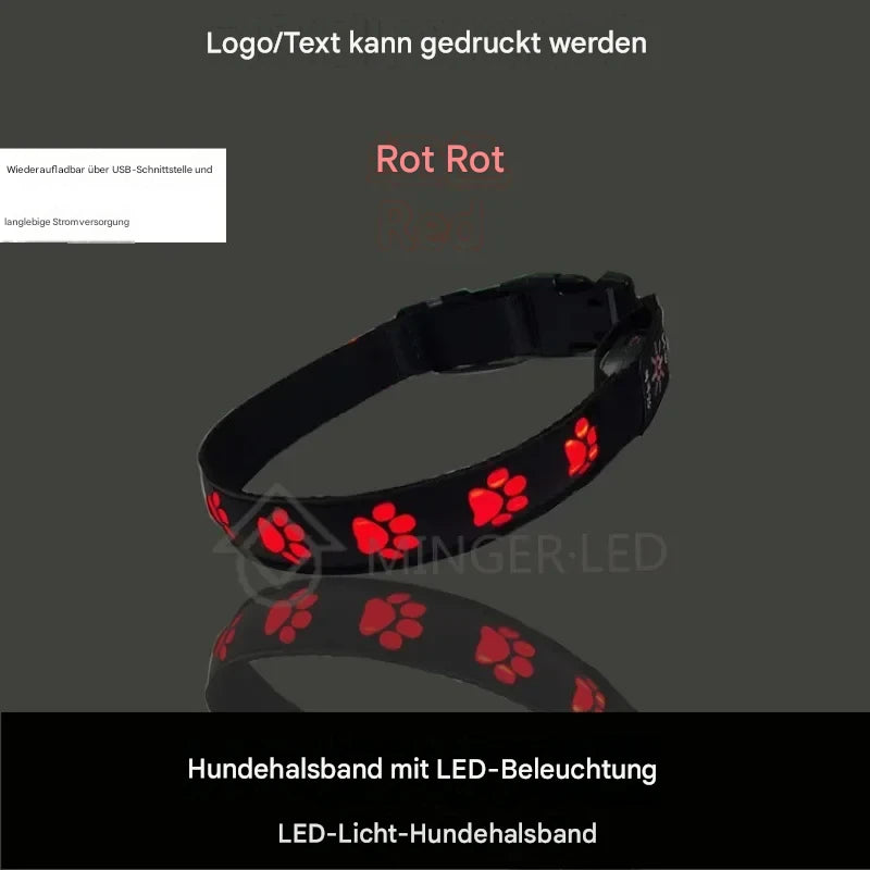 LED Hundehalsband leuchtend mit Pfotenmotiv – Sicherheits-Halsband für Hunde & Welpen