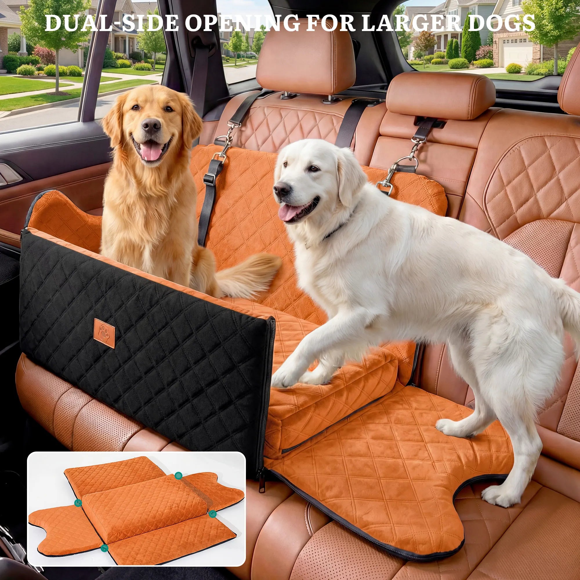 Hunde-Autositz mit Memory Foam – Rutschfestes Hundebett mit Stauraum & Sicherheitsgurt für mittelgrosse & grosse Hunde bis 25 kg