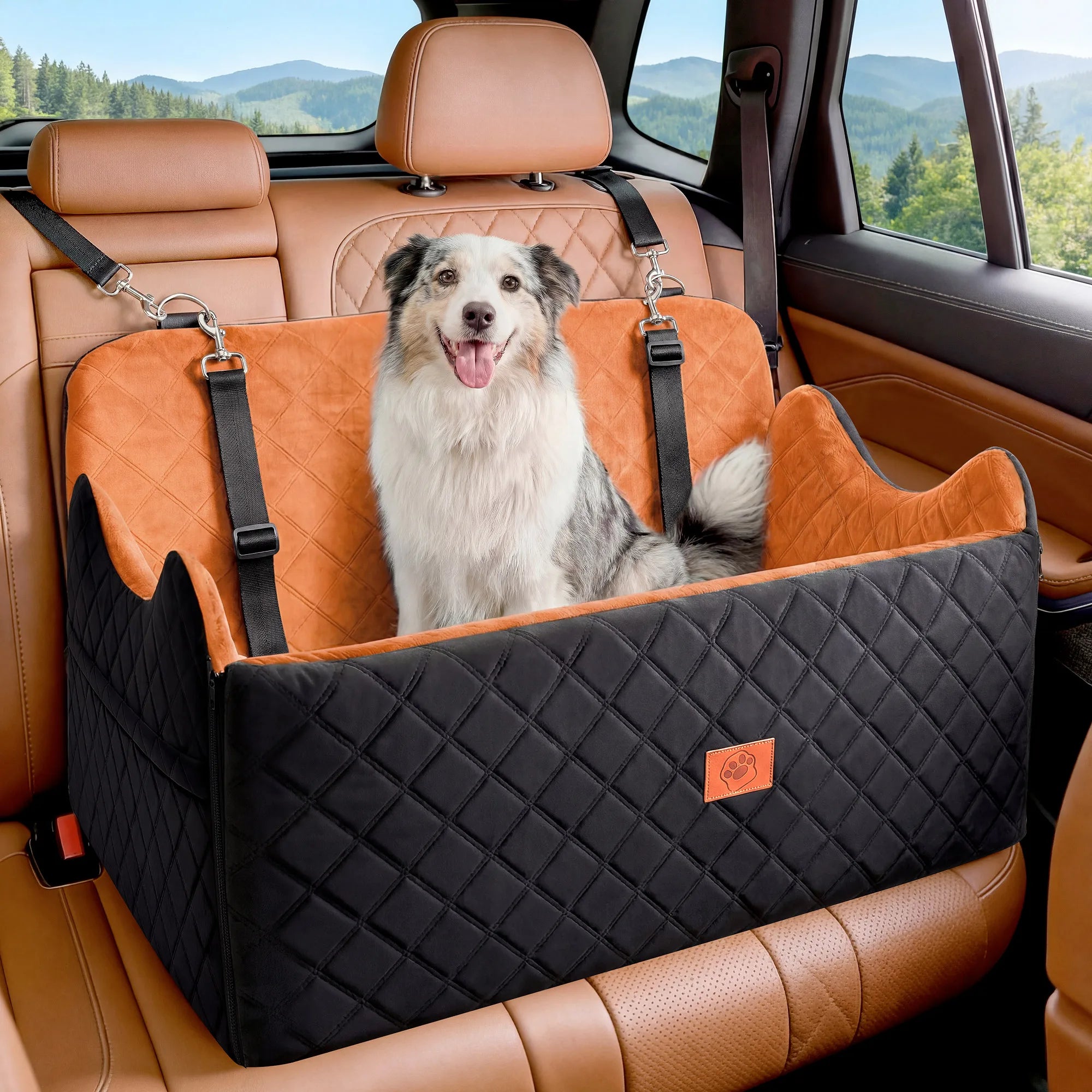 Hunde-Autositz mit Memory Foam – Rutschfestes Hundebett mit Stauraum & Sicherheitsgurt für mittelgrosse & grosse Hunde bis 25 kg