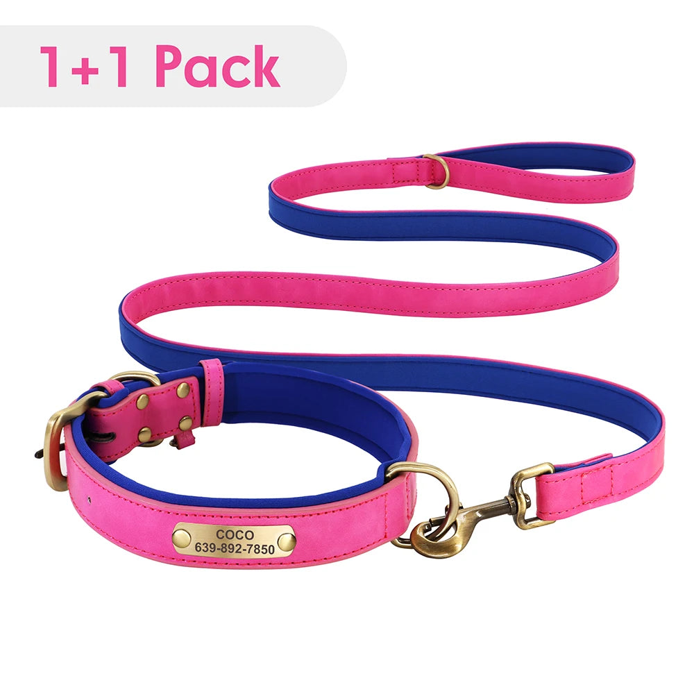Personalisiertes Hundehalsband mit Leine aus PU-Leder – Gepolstert mit Namensschild für kleine bis große Hunde