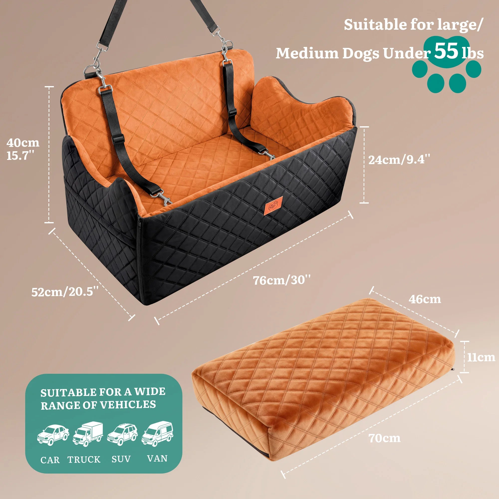 Hunde-Autositz mit Memory Foam – Rutschfestes Hundebett mit Stauraum & Sicherheitsgurt für mittelgrosse & grosse Hunde bis 25 kg