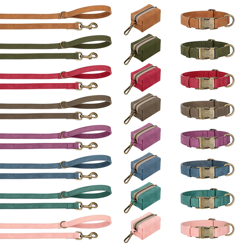 Personalisiertes Hundehalsband Set aus PU-Leder – Halsband, Leine & Kotbeutelhalter im Vintage-Look
