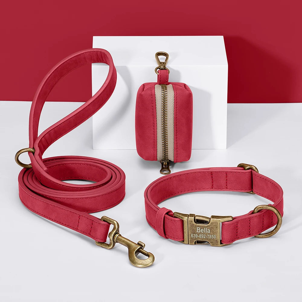 Personalisiertes Hundehalsband Set aus PU-Leder – Halsband, Leine & Kotbeutelhalter im Vintage-Look