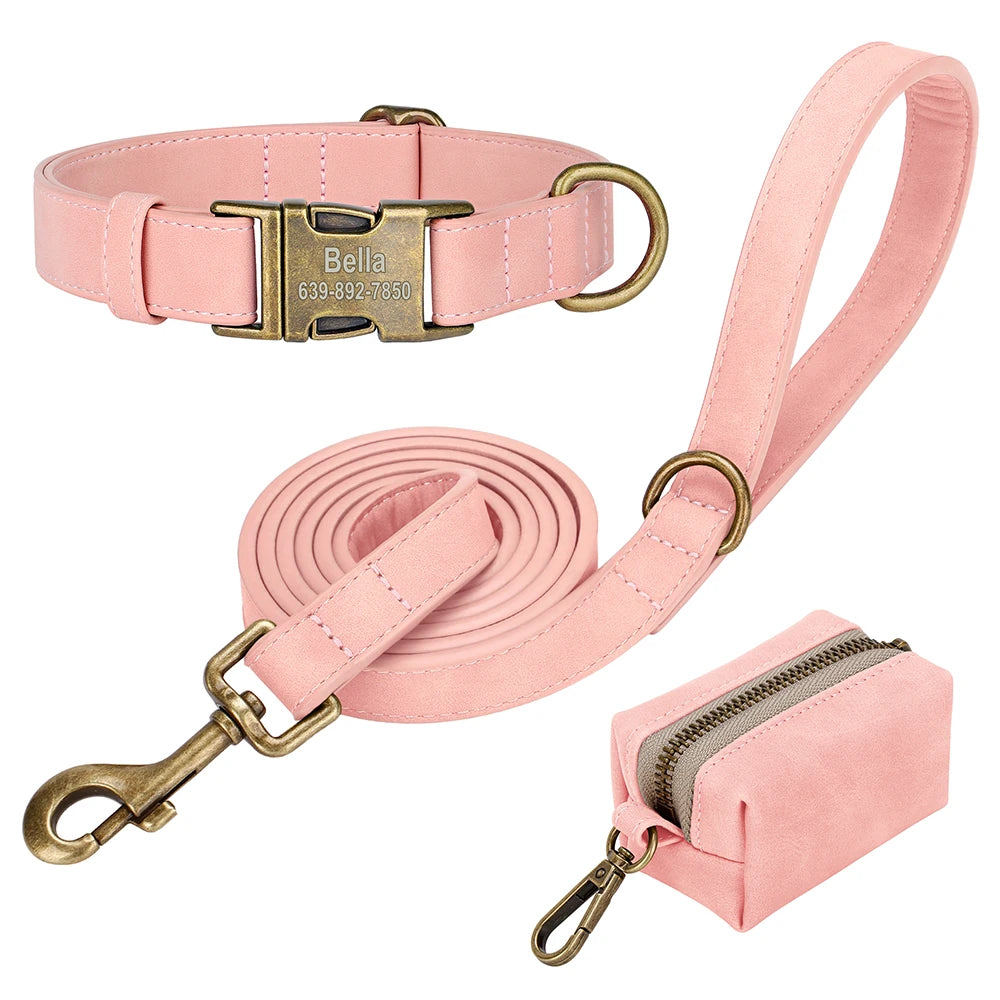 Personalisiertes Hundehalsband Set aus PU-Leder – Halsband, Leine & Kotbeutelhalter im Vintage-Look